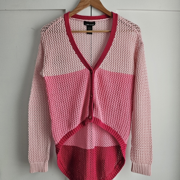Women Cardigan Size L Pink Crochet Sweater Asymmetrical Long Sleeve Button-up - Picture 2 of 7